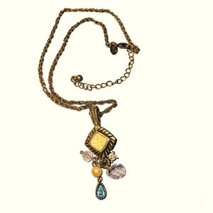 Lia Sophia Antique Brass Tone Necklace w/ Glass & Crystal Dangles